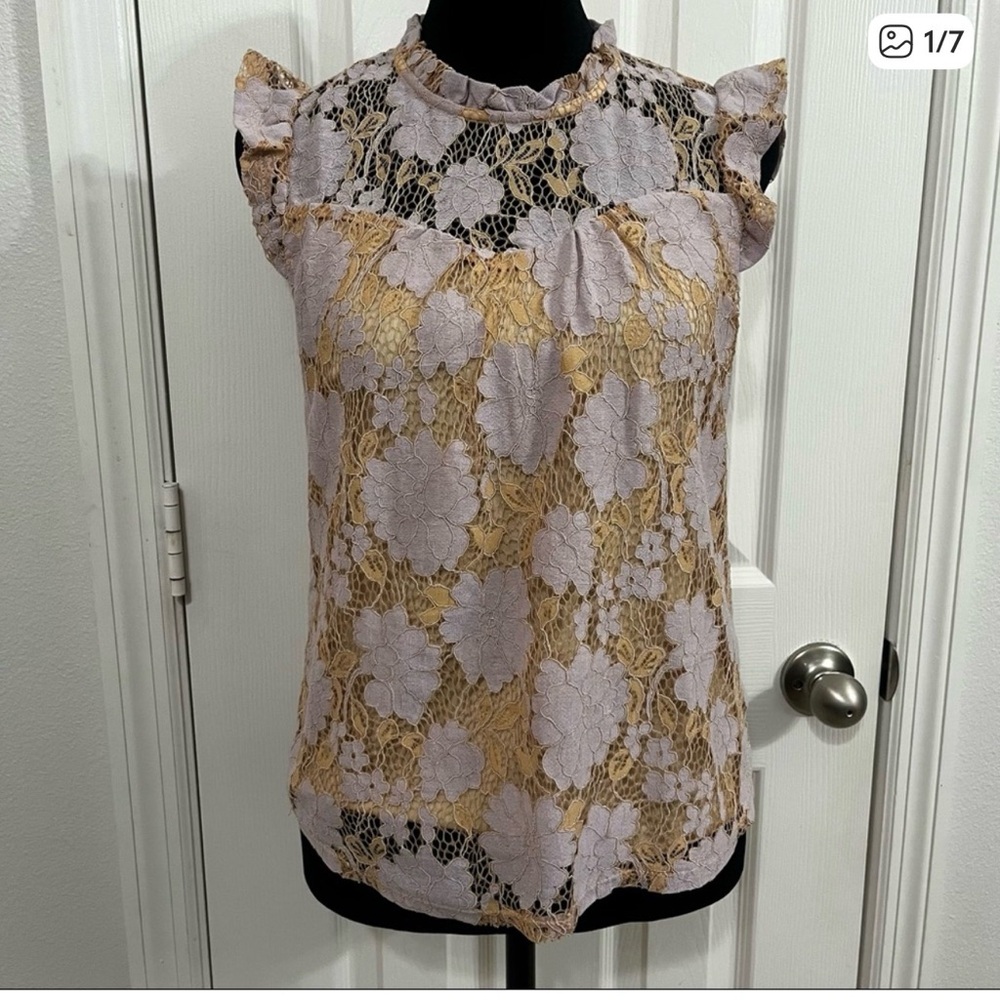 Monteau Gold and Cream Lace Floral Blouse